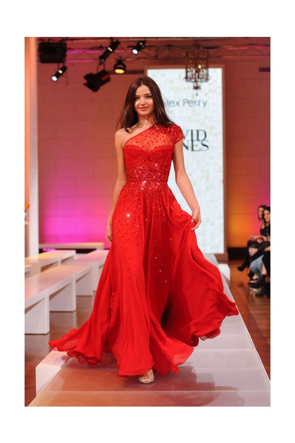 Miranda Kerr Red One-Shoulder Sequined Chiffon Formal Prom Dress David Jones