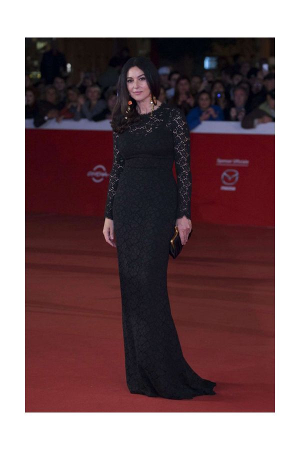 Monica Bellucci Inspired Black Lace Long Sleeve Jewel Neck Sheath Floor Length Celebrity Formal Dress