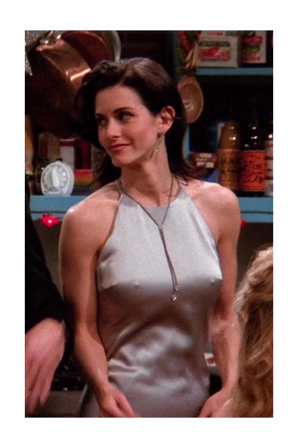 Courteney Cox Monica Geller Silver Gray Satin Formal Party Dress in TV Show "Friends"