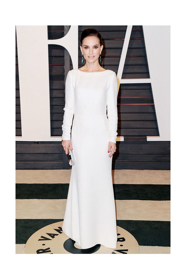 Natalie Portman White Long-sleeve Celebrity Formal Evening Prom Dress Oscars 2015