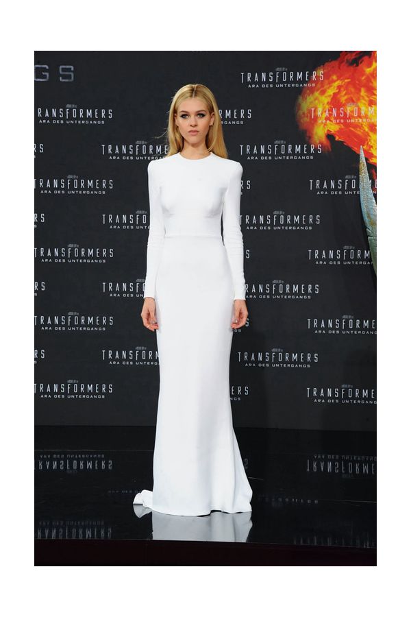 Snow Aura Nicola Peltz Inspired White Long Sleeve High Neck Sheath Celebrity Formal Prom Dress Transformers Premiere