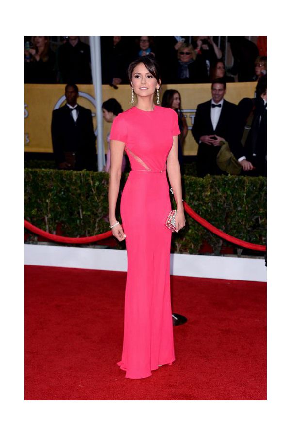 Nina Dobrev Fuchsia Pink Short Sleeve Formal Celebrity Dress SAG Awards 2013