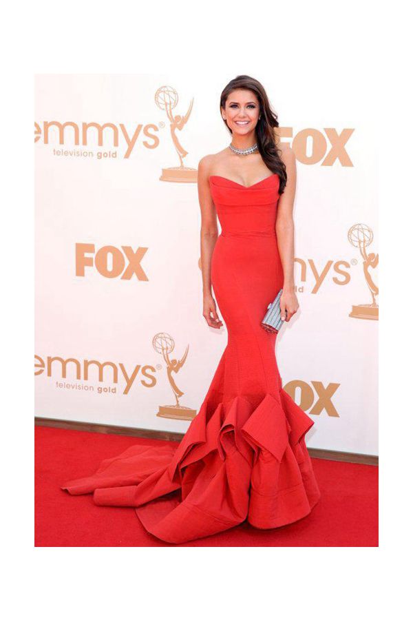 Nina Dobrev Red Strapless Mermaid Satin Formal Prom Dress Emmys 2011
