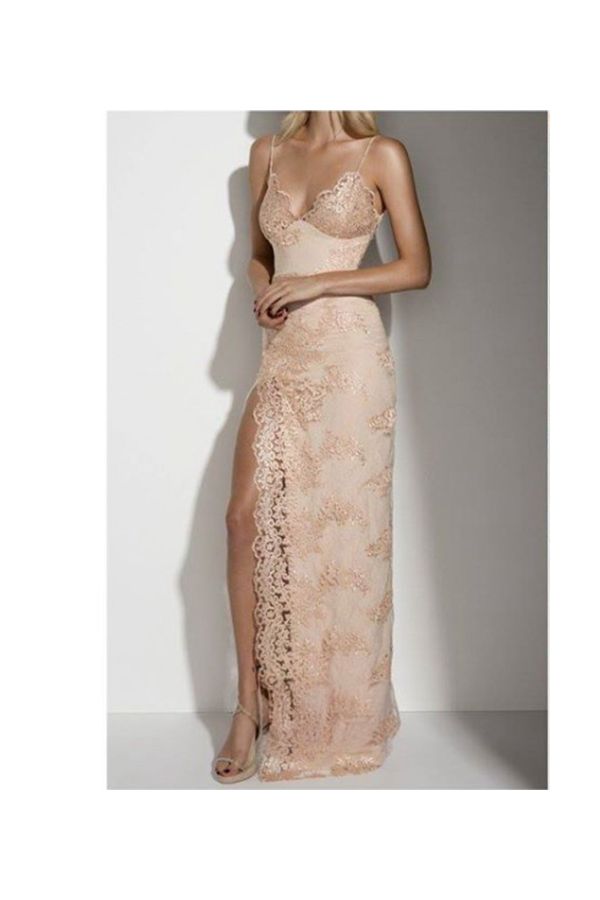 Blushing Lace – Blush Pink Spaghetti-Strap Lace Gown with Thigh-High Slit