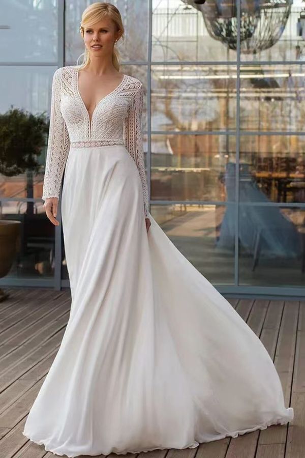 Long-Sleeve V-Neck Lace Bodice Flowy Chiffon Gown with Long Train for Formal Events