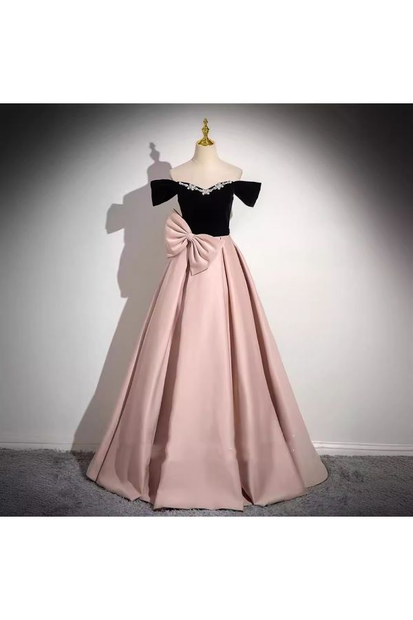 Blush & Black Off-Shoulder Bow Gown – Perfect for Weddings and Formal Events