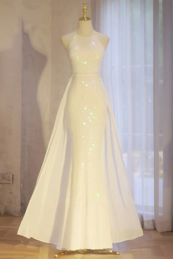 White Halter Neck Sequin Evening Gown – Perfect for Elegant Parties and Special Occasions