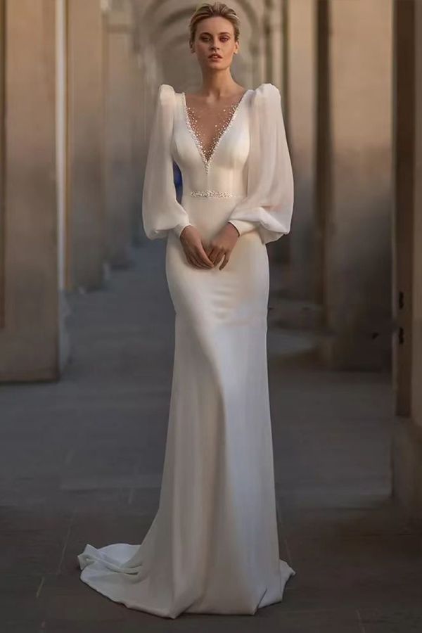 V-Neck Puff Sleeve Sheath Gown with Long Train for Formal Events