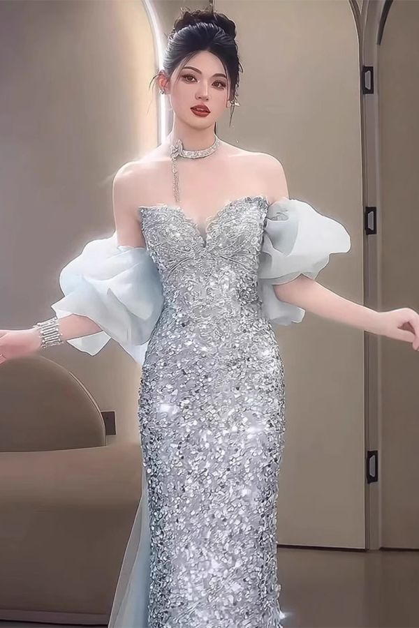 Icy Blue Sequin Off-Shoulder Mermaid Gown with Puff Sleeves – Perfect for Weddings and Formal Events