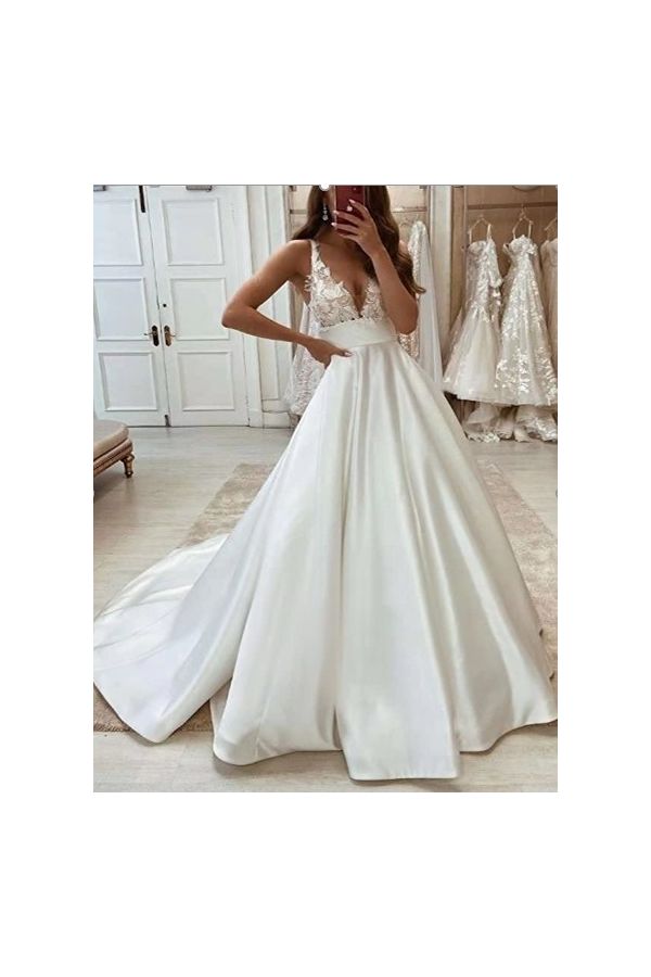 Lace V-Neck Ball Gown with Long Train for Formal Events