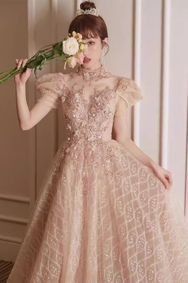 Romantic Blush Pink Embroidered Tulle Gown with Sequined Details – Perfect for Weddings and Formal Events