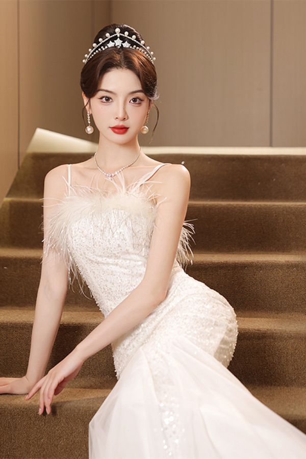White Feathered Mermaid Sequin Gown – Perfect for Elegant Evenings and Formal Events