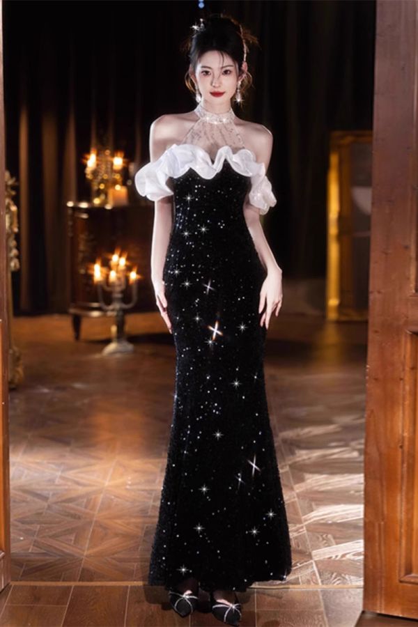 Black Sequin Halter Gown with White Ruffle – Perfect for Evening Galas