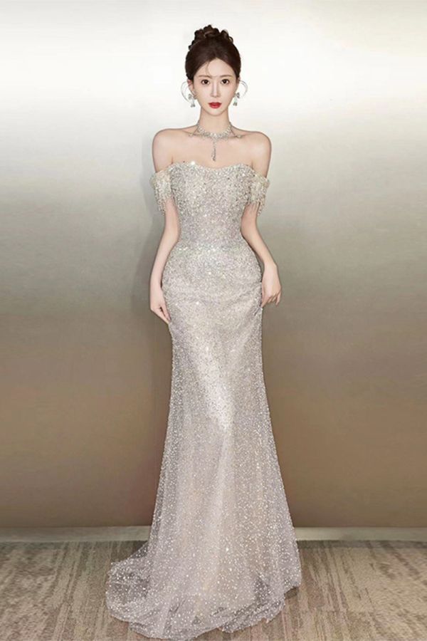 Silver Sparkling Off-the-Shoulder Mermaid Gown – Perfect for Weddings and Formal Soirees