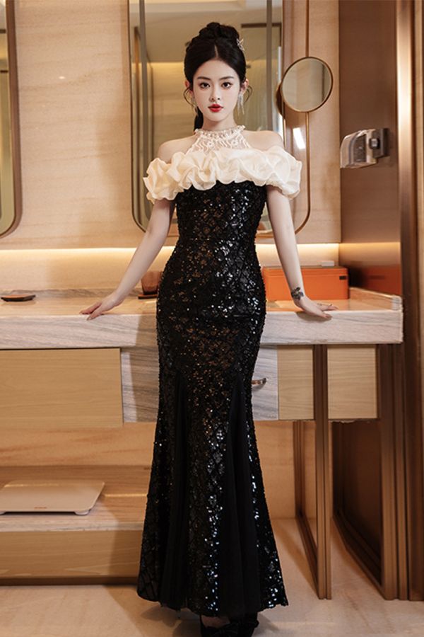 Black Sequin Mermaid Gown with White Ruffle Collar – Perfect for Formal Soirées