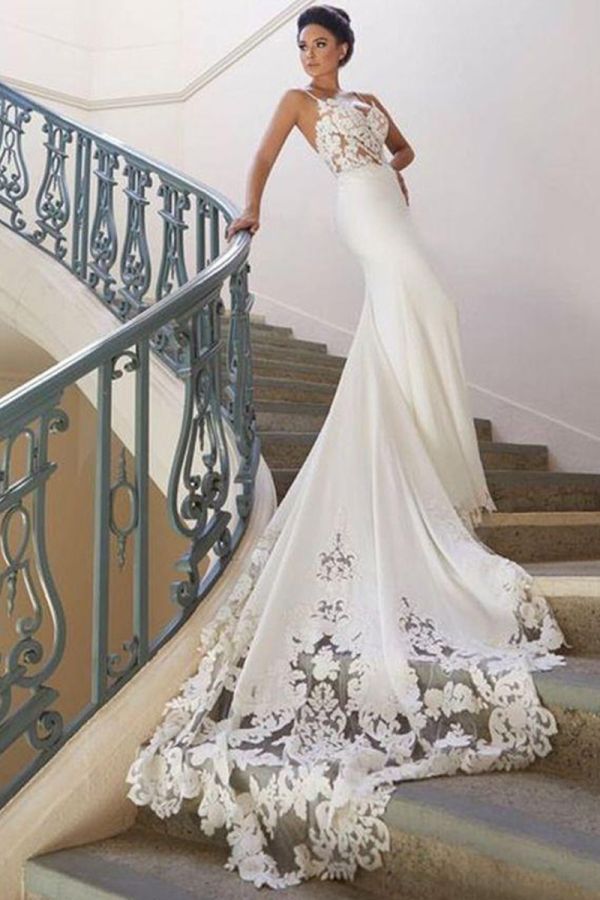 Lace Bodice Mermaid Gown with Long Train for Evening Events