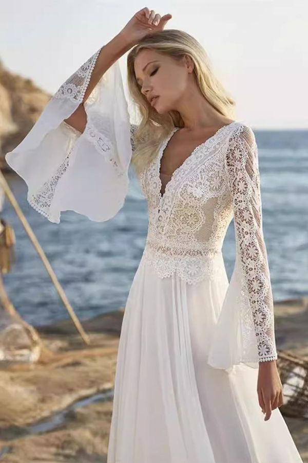 Long-Sleeve Lace Bodice Tulle Ball Gown with Long Train for Beach Weddings