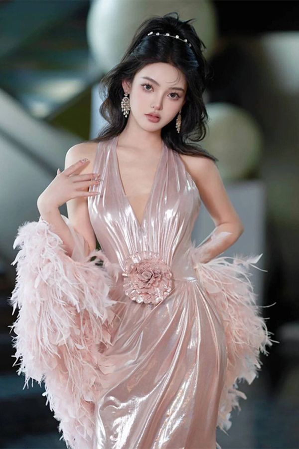 Petal Pink Illusion – Halter Metallic Mermaid Gown