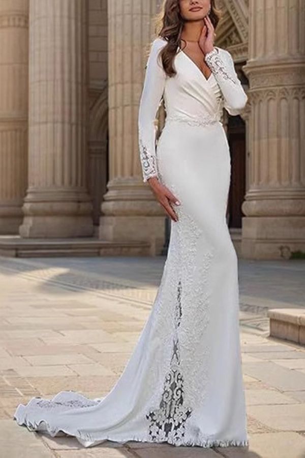 Long-Sleeve V-Neck Mermaid Gown with Lace Detail and Long Train for Formal Events