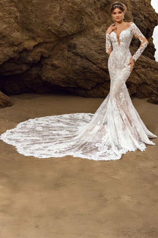 Long-Sleeve Lace Mermaid Gown with Deep V-Neck and Long Train for Formal Events