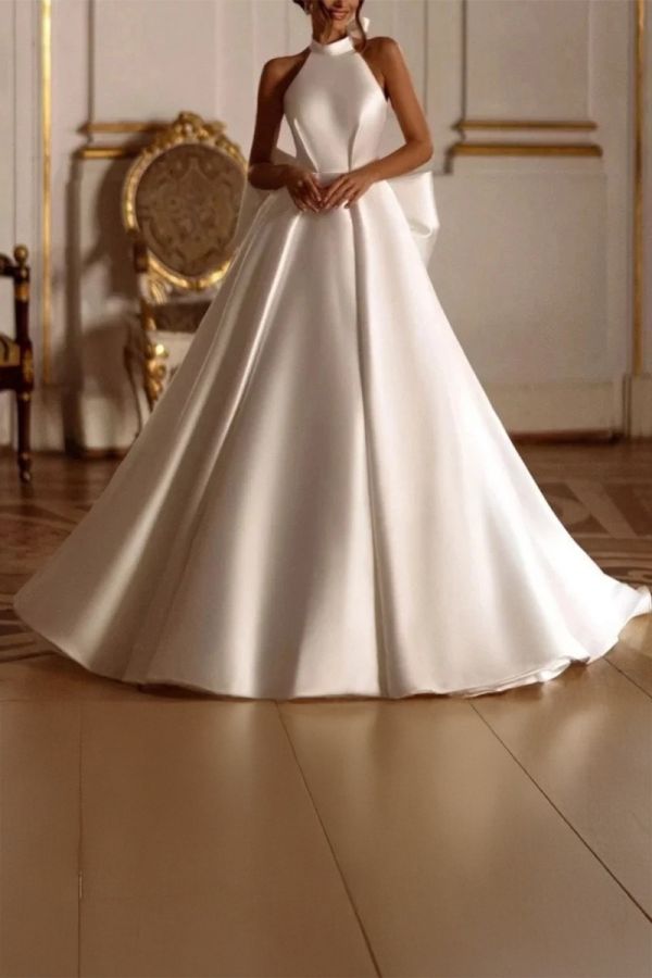 High-Neck Sleeveless Ball Gown with Long Train for Formal Events