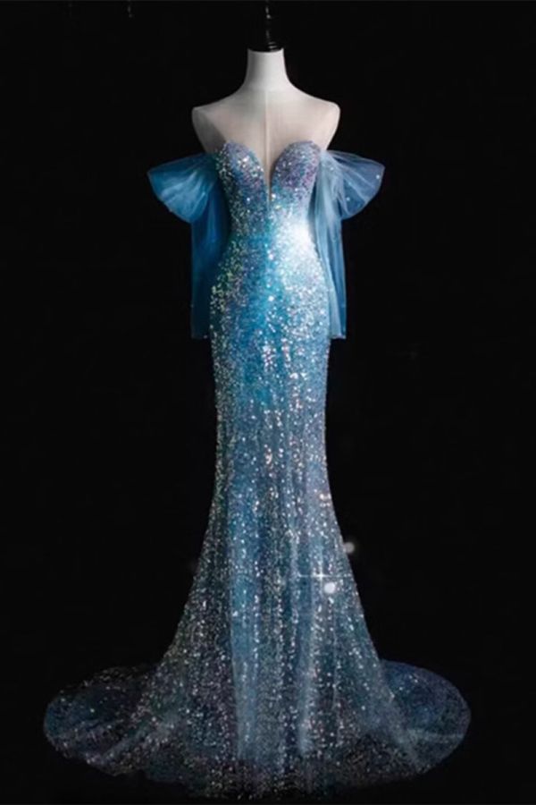 Sparkling Blue Mermaid Gown with Sheer Capelet Sleeves for Glamorous Events