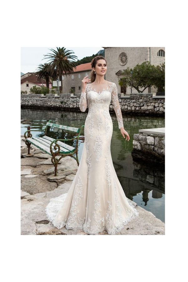 Long-Sleeve Lace Mermaid Gown with Illusion Neckline for Formal Events