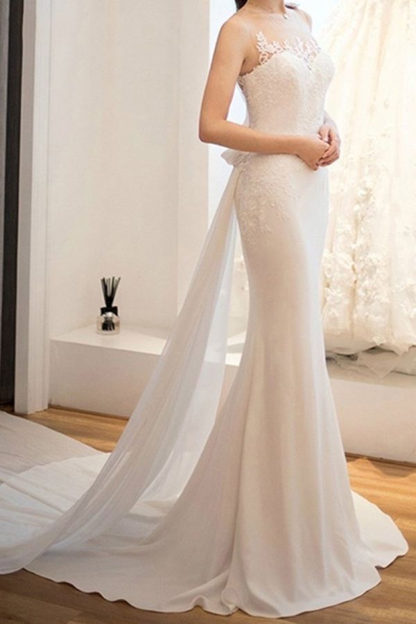 High-Neck Lace Mermaid Gown with Long Train for Evening Events