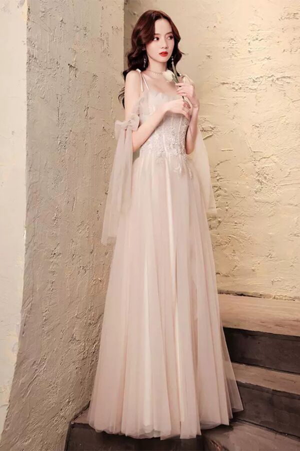 Blush Tulle A-Line Gown with Bow Straps – Perfect for Weddings and Evening Events