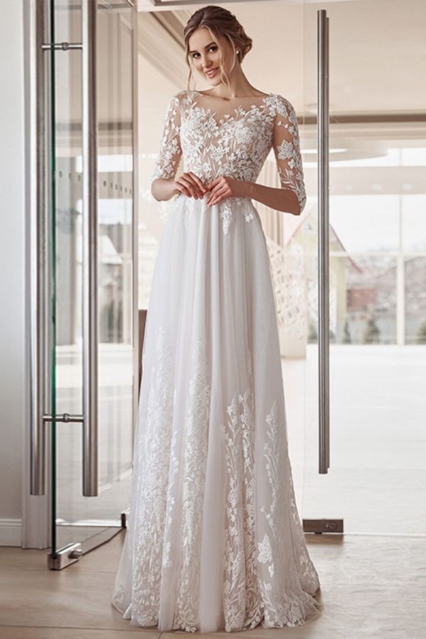 Lace-Overlay A-Line Gown with Illusion Neckline for Formal Events