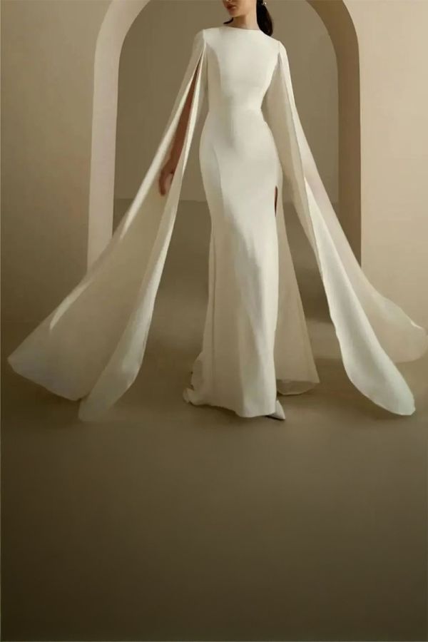 High-Neck Cape-Sleeve Mermaid Gown with Long Train for Formal Events