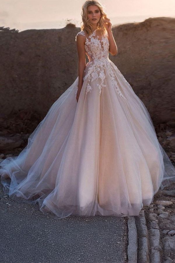 Lace Illusion Neckline Tulle Ball Gown with Long Train for Wedding Receptions