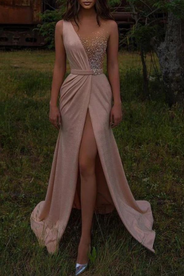 One Shoulder Sparkling Nude Evening Gown with High Slit