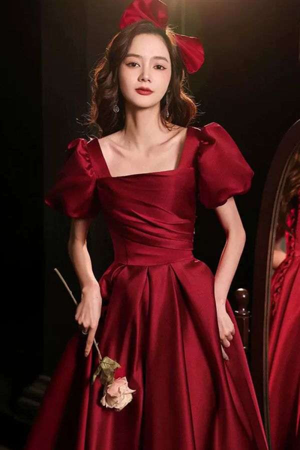 Elegant Red Satin Puff Sleeve Dress with Bow Detail – Perfect for Formal Events