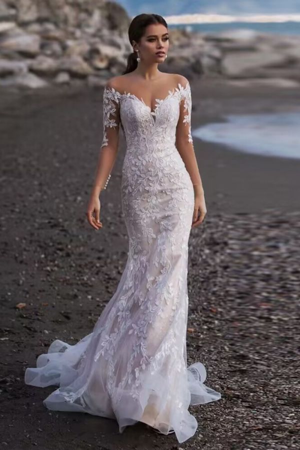 Lace Off-the-Shoulder Mermaid Gown with Long Train for Beach Weddings