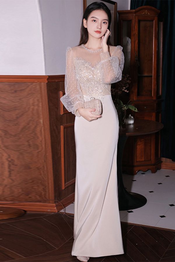 Ethereal Pearl Sheath Gown – Sheer Puff Sleeves & Embroidered Bodice