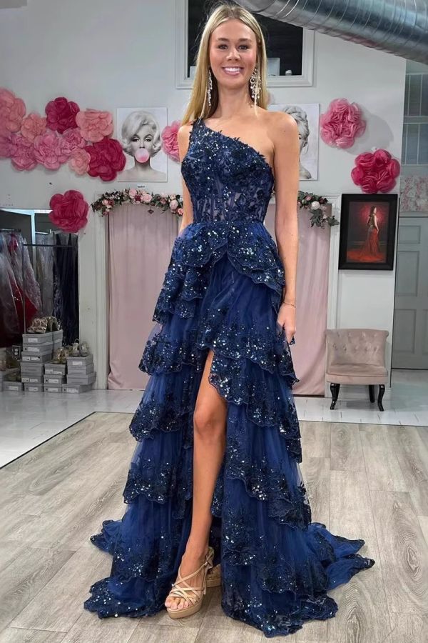 One-Shoulder Sequin Tiered Gown with High Slit and Long Train for Formal Events