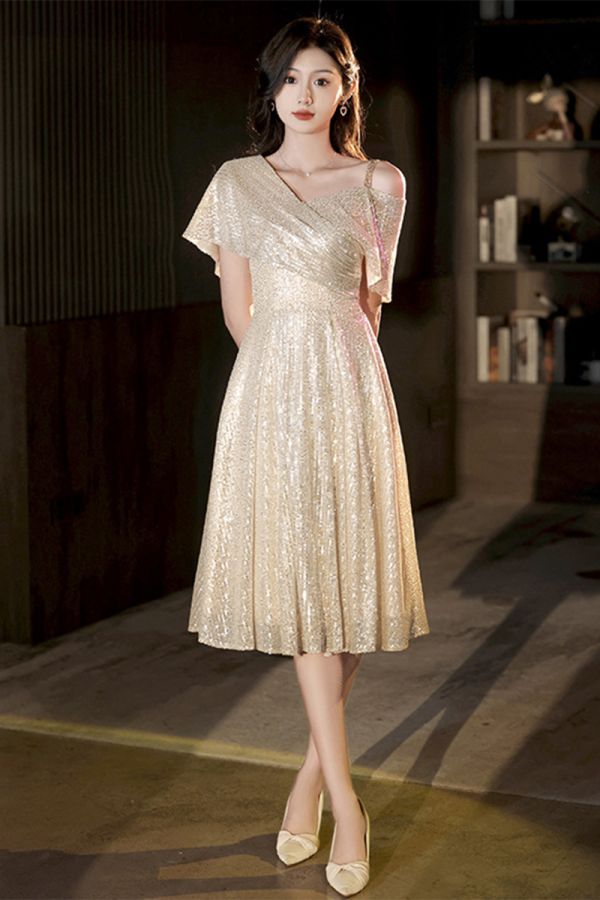 Gold One-Shoulder Sequin Midi Dress – Perfect for Cocktail Parties and Evening Soirees