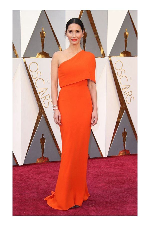 Olivia Munn Orange One Shoulder Mermaid Gown Oscars 2016