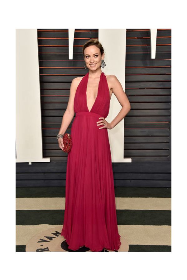 Olivia Wilde Fuchsia Pink Halter V Neck Chiffon Gown Vanity Fair Oscar Party 2016