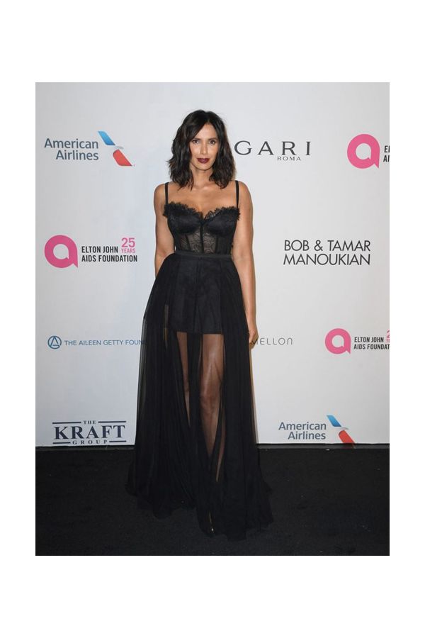 Padma Lakshmi Black Lace Tulle Dress Elton John Aids Foundation 25 Year Celebration