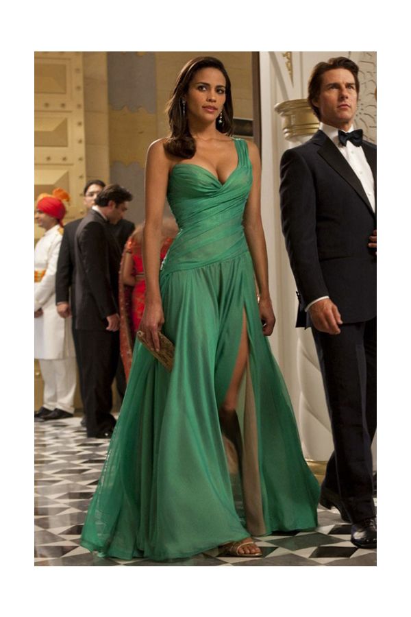 Emerald Enigma – Paula Patton “Mission: Impossible – Ghost Protocol”–Inspired Draped Chiffon V-Neck A-Line Gown