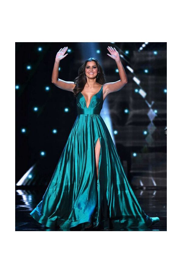 Teal Majesty – Paulina Vega Miss Universe 2015–Inspired Plunging V-Neck A-Line Gown with Thigh-High Slit