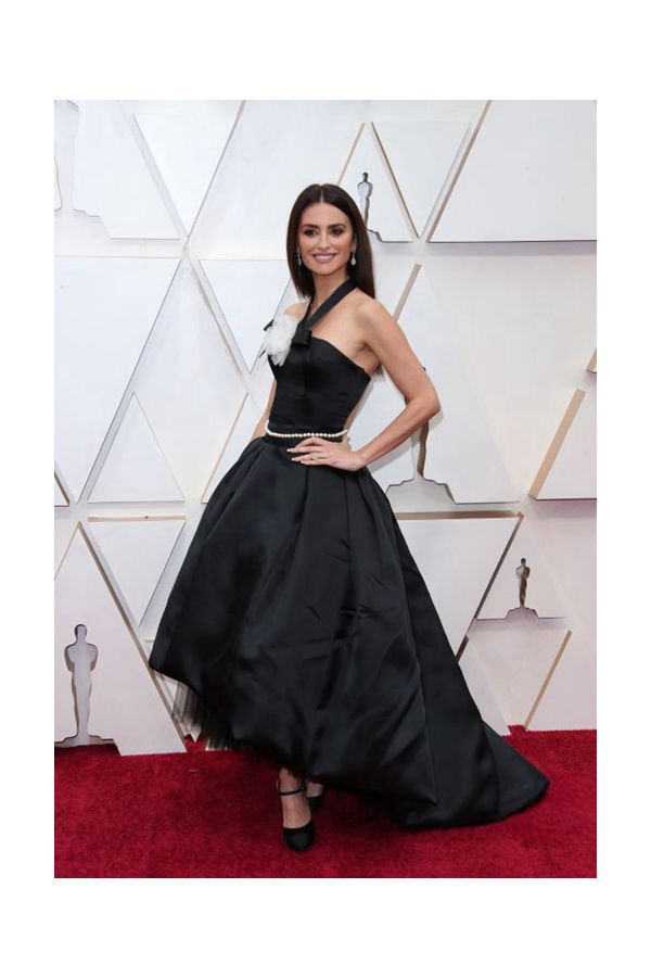 Penelope Cruz Black Satin Halter Ball Gown High Low Celebrity Formal Prom Dress Oscars 2020
