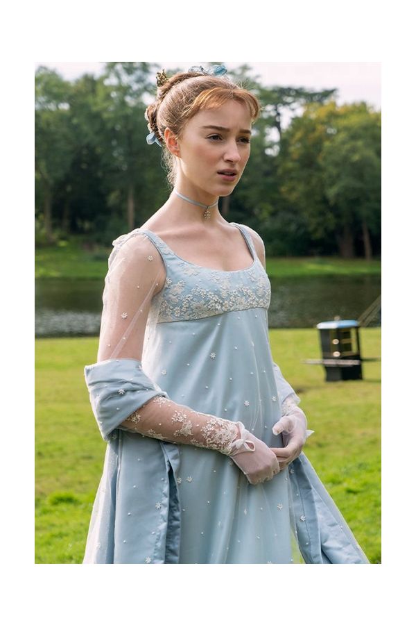 Phoebe Dynevor Daphne Bridgerton Blue Dress Inspired Regency-Style Floral Embroidered Gown