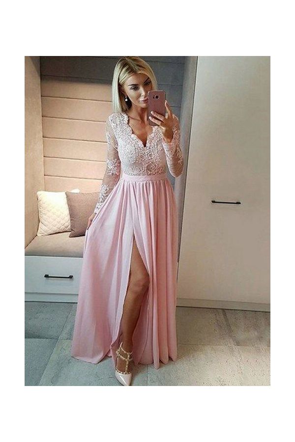 Blush Petal – Pink Lace Chiffon Prom Dress with Thigh-High Slit