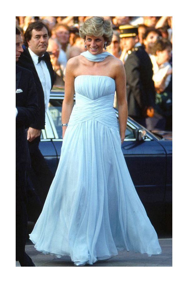 Princess Diana Inspired Blue Strapless Chiffon Formal Prom Celebrity Evening Dress