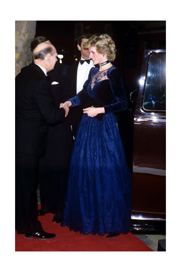 Princess Diana Inspired Navy Blue Velvet Formal Evening Dress