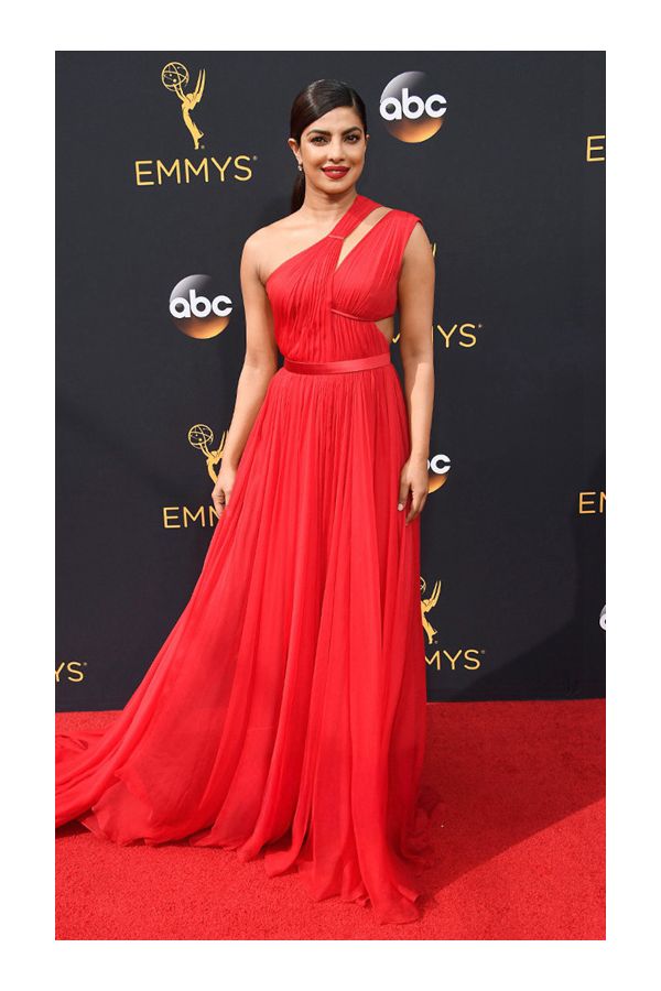 Scarlet Goddess – Priyanka Chopra Red One-Shoulder Chiffon Gown
