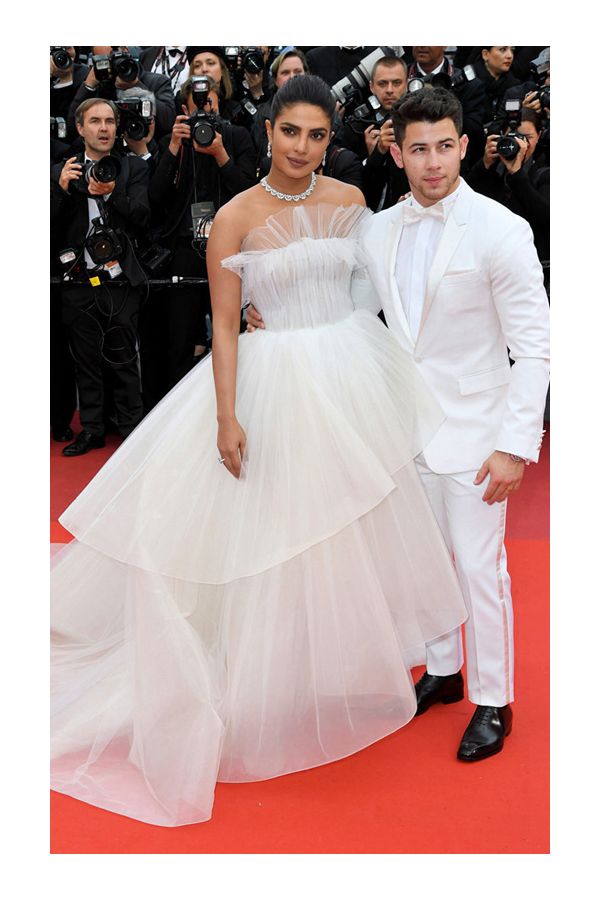 Celestial Tulle – Priyanka Chopra Cannes 2019–Inspired Illusion Neck Tiered Ball Gown with Sweep Train